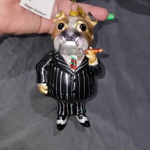 Dapper Bulldog in Suit with Cigar Glass Ornament NWT